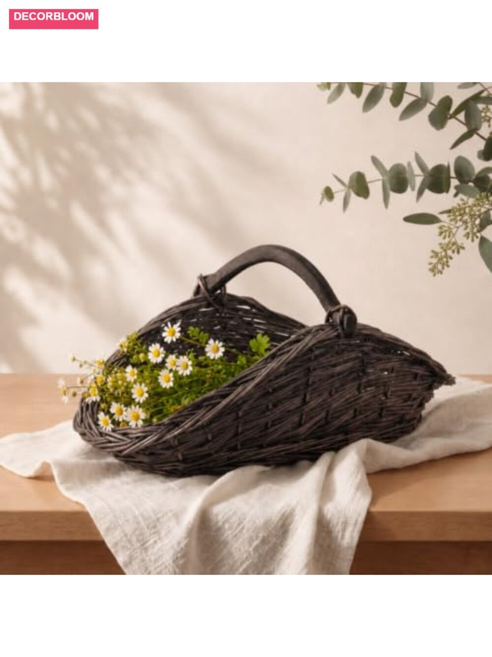 Wicker Gathering Basket Handwoven Willow Handle Garden Harvest